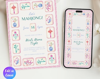 Mahjong Invitation Template, Editable Girls Game Night Invitation, Printable Mahjong Party Card, Instant Download, Canva Template