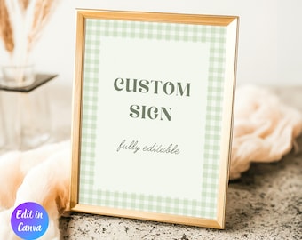 Plantilla de letrero personalizado para baby shower de cuadros vichy verde salvia, decoración clásica para baby shower de niño, letrero personalizado imprimible, descarga instantánea