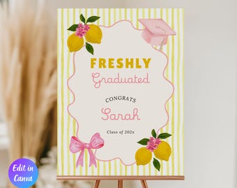 Freshly Graduated Welcome Sign Template, Lemon Graduation, Citrus Grad Entrance Sign, Class of 2026 Canva Template, Instant Download