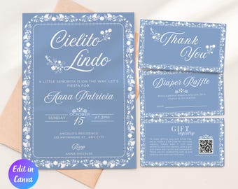 Modello per biglietto di ringraziamento per baby shower Cielito Lindo, decorazioni per baby shower messicane, Papel Picado, invito in stile Talavera blu, lista dei regali