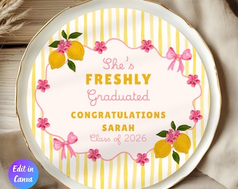 Freshly Graduated Charger Plate Template, Lemon Graduation, Citrus Graduation Decor, Class of 2026 Canva Template, Instant Download