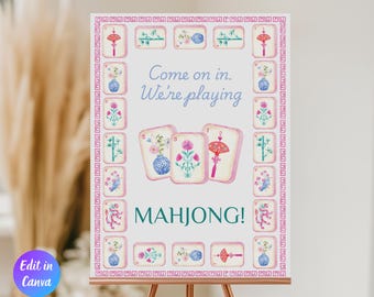 Mahjong Welcome Sign Template, Editable Girls Game Night Entrance Sign, Printable Mahjong Party Sign, Instant Download, Canva Template