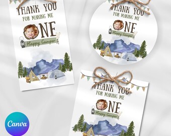 Modello per etichette di compleanno "One Happy Camper", primo compleanno di un bambino, compleanno in campeggio, Happy Camper, decorazioni "One Happy Camper", download immediato