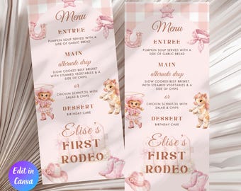 Modello di menù per il primo compleanno a tema rodeo per bambina, decorazioni per il compleanno a tema cowgirl, menù per il primo compleanno a tema rodeo per bambina, invito di compleanno a tema rodeo rosa