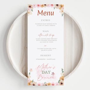 Plantilla de menú de brunch para el Día de la Madre, menú editable, plantilla de menú floral para el Día de la Madre, descarga instantánea