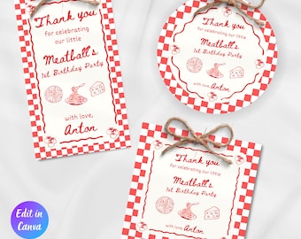 Bomboniere modificabili per il primo compleanno di "Our Little Meatball", tag modificabili per il primo compleanno italiano, tema pasta italiana Holi Cannoli, download immediato