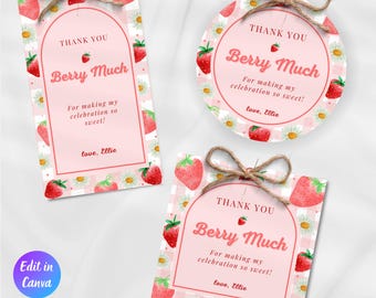 May include: Three gift tags with a pink and white gingham pattern, strawberries, and daisies. The tags say "Thank You Berry Much" and "For making my celebration so sweet!" with a handwritten font. Each tag has a twine bow.