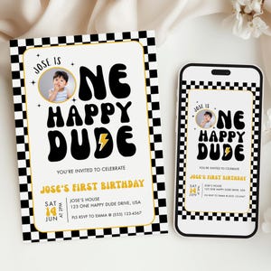 One Happy Dude Geburtstagseinladung Vorlage, Retro One Happy Dude erste Geburtstagsparty einladen, printable Einladung, Canva Vorlage, OHD