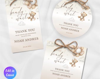 Modello di etichette per bomboniere per baby shower "We Can Bearly Wait", Baby shower "We Can Bearly Wait", Baby shower a tema orso, Baby shower gender neutral