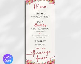 Threenage Dream Birthday Party Food Menu Template, Girl 3rd Birthday Menu, Little Miss Threenager Birthday Decor, Instant Download