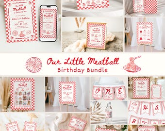 Pacchetto per la festa del primo compleanno "La nostra piccola polpetta", invito di compleanno italiano modificabile, tema pasta italiana Holi Cannoli, download immediato.