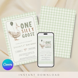 One Silly Goose Birthday Invitation Template, Goose 1st Birthday, Green One Silly Goose Birthday Invitation, Goose Invitation
