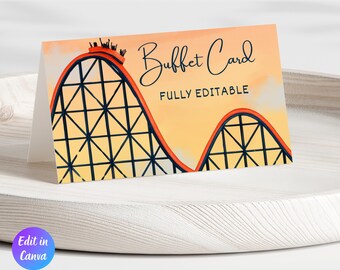 Cartoncino segnaposto per buffet di compleanno a tema montagne russe, modificabile, modello stampabile, download immediato.