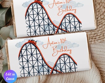 Editable Rollercoaster Theme Park Amusement Birthday Party Decor, Roller Coaster Chocolate Bar Wrapper Printable Template, Instant Download