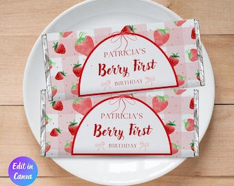 Berry First Birthday Candy Bar Wrapper Template, Berry First Birthday Decors, Chocolate Bar Wrapper,Strawberry Theme, Instant Download, BF00
