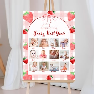 Plantilla de póster con foto de primer año de Berry, decoración de primer cumpleaños de Berry, letrero con foto de primer cumpleaños, descarga instantánea, BF00