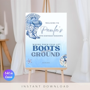 May include: A blue and white party sign on an easel. The sign reads "Welcome to Paula's 30th Birthday Hoedown" with a cowboy boot and hat graphic. The text "Boots on the Ground" is also displayed.