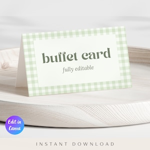 May include: A folded buffet card with a light green gingham border and a white interior. The words "buffet card" are printed in a dark green font, with "fully editable" below. The card sits on a white wooden tray.