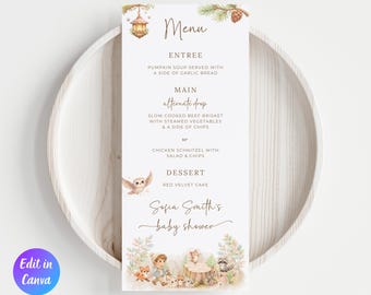 Woodland Baby Shower Food Menu Template, Adventure Awaits Food Menu, Woodland Theme Baby Shower, Forest Baby Shower, Instant Download