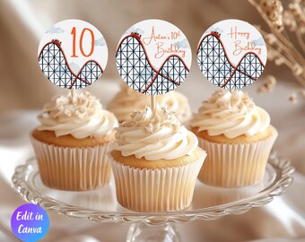 Editable Rollercoaster Theme Park Amusement Birthday Cupcake Toppers, Roller Coaster Party Toppers, Printable Template, Instant Download