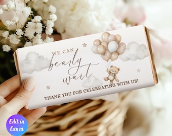 Confezione di caramelle per baby shower a tema orso, neutra per baby shower a tema "We Can Bearly Wait", baby shower a tema orso, cioccolato "We Can Barrelly Wait"