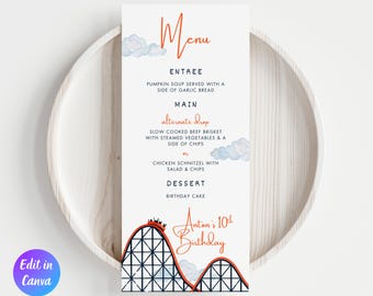 Editable Rollercoaster Theme Park Amusement Birthday Party Food Menu, Roller Coaster Menu Template, Printable Template, Instant Download