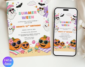 Summerween Birthday Party Invitation Template, Ghost Pool Party Invite, Spooky Summer, Halloween Pool Kids Costume Invite, Instant Download