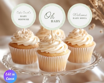 Sage Green Gingham Baby Shower Cupcake Topper Template, Classic Gingham Boy Baby Shower Decor, Printable Toppers, Instant Download