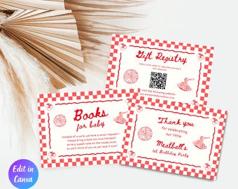 Modello di biglietto di ringraziamento per il primo compleanno di "Our Little Meatball", lista regalo modificabile per il primo compleanno italiano, tema pasta italiana Holi Cannoli