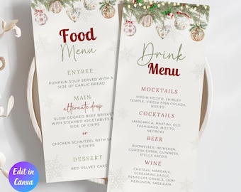 May include: Two Christmas menu cards with festive decorations. The "Food Menu" lists entree, main, and dessert options. The "Drink Menu" features mocktails, cocktails, beer, and wine. The cards have a white background with snowflake accents.