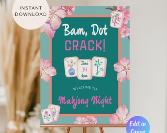 Mahjong Welcome Sign Template, Editable Girls Game Night, Printable Mahjong Party Sign, Instant Download, Mahjong Theme Party,Canva Template