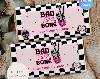 Bad Two the Bone Birthday Chocolate Bar Wrapper, Editable Candy Bar Wrapper, Two Cool 2nd Birthday Party Decor, Pink Bad Bone Canva Template