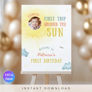 May include: A personalized birthday sign on an easel. The sign features a photo of a baby, the text "Patricia's First Trip Around the Sun," and "Welcome to Patricia's First Birthday." The background has a watercolor sun and clouds.