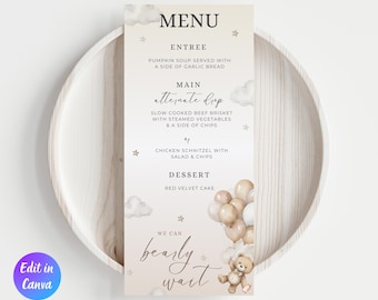 Modello di menu per baby shower a tema orso neutro, Baby shower a tema orso, Non vediamo l'ora