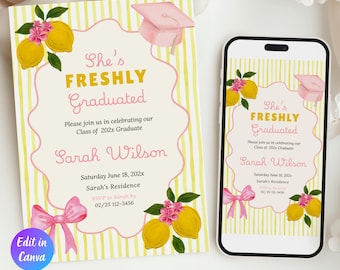 Freshly Graduated Invitation Template, Lemon Graduation Citrus Grad Invite Theme, Class of 2026 Canva Template, Instant Download