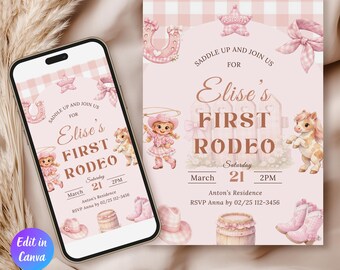 Invito di compleanno a tema rodeo per bambina, invito di compleanno da cowgirl, invito per il primo compleanno a tema rodeo per bambina, invito di compleanno a tema rodeo rosa