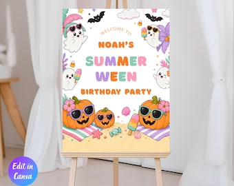 Editable Summerween Pool Party Welcome Sign Template, Summerween 13th Birthday Party, Ghost Pool Party Sign, Spooky Summer, Instant Download