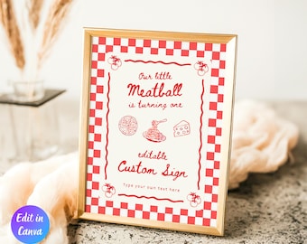 Modello personalizzato per il primo compleanno di "Our Little Meatball", decorazione italiana modificabile per il primo compleanno, tema pasta italiana Holi Cannoli