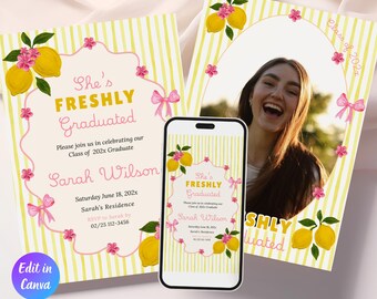 Freshly Graduated Invitation Template, Lemon Graduation Citrus Grad Invite Theme, Class of 2026 Canva Template, Instant Download