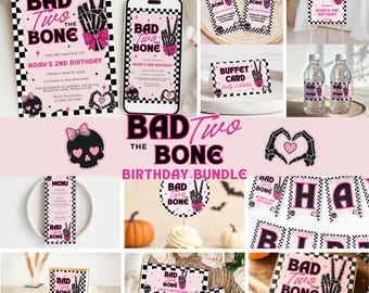 Bad Two the Bone Birthday Template Bundle, 2nd Birthday Party Decor, Two Cool 2nd Birthday Girl Party, Pink Bad Bone Canva Template