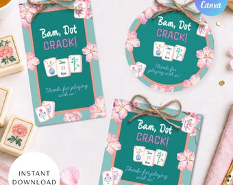 Editable Mahjong Favor Tags, Bam Dot Crack Mahjong Tags Template, Printable Mahjong Party Favors, Instant Download, Canva Template