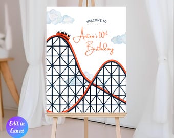 Editable Rollercoaster Theme Park Amusement Birthday Welcome Sign, Roller Coaster Party Invite Printable Template, Instant Download