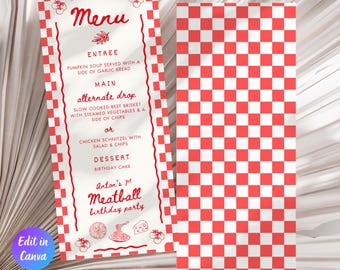 Modello di menu per la festa del primo compleanno della nostra piccola polpetta, menu di cibo italiano modificabile per il primo compleanno, tema pasta italiana Holi Cannoli