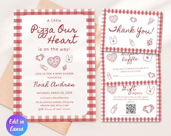 Modello di invito per baby shower con consegna speciale di pizza, quadretti rossi e bianchi, stile italiano disegnato a mano, biglietto stampabile per la lotteria dei pannolini, download immediato