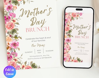 Mother's Day Brunch Invitation Template, Our First Mother's Day, Floral Mother's Day Invitation Card, Mother's Day Evite, Instant Download