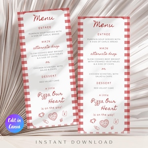 Op de afbeelding: Twee menukaarten met een rood-witte geruite rand. Het menu bevat pompoensoep, runderborst, kipschnitzel en red velvet cake. De zin "Pizza Our Heart is on the way!" wordt ook weergegeven.