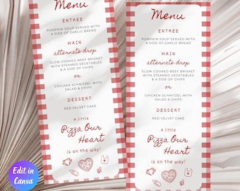 Special Delivery Pizza Baby Shower Food Menu Template, Red White Gingham, Hand Drawn Italian Style, Baby Shower Decor, Instant Download