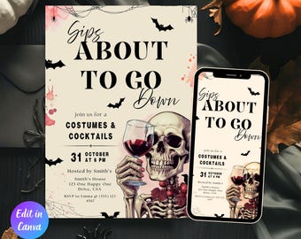 Adult Halloween Sips About to Go Down Skeleton Invitation, Cocktails and Costumes Invite, Halloween Party Invitation, Canva Template