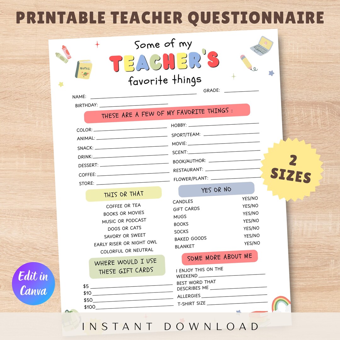 Editable Teacher Favorite Things List, Get to Know Teacher Printable ...