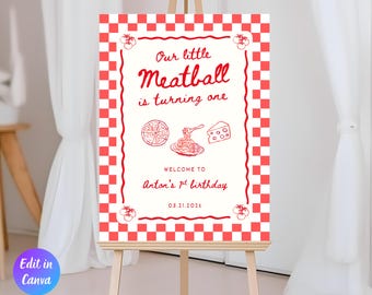 Cartello di benvenuto per la festa del primo compleanno della nostra piccola polpetta, cartello italiano modificabile per il primo compleanno, tema pasta italiana Holi Cannoli, download immediato